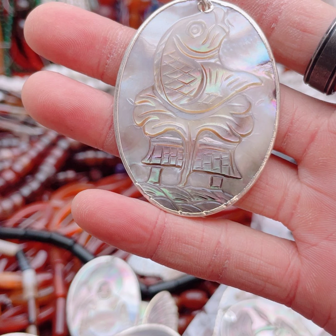 合金玛瑙/玉髓珠宝奇石黑蝶贝鲤鱼跃龙门1颗