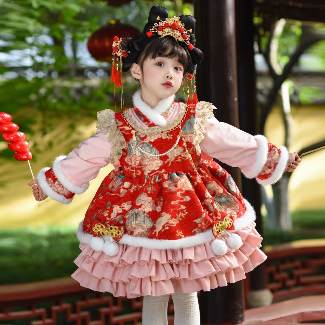 【加绒】女童国风洛丽塔年服连衣裙冬季新款女孩新中式礼服裙TY8610