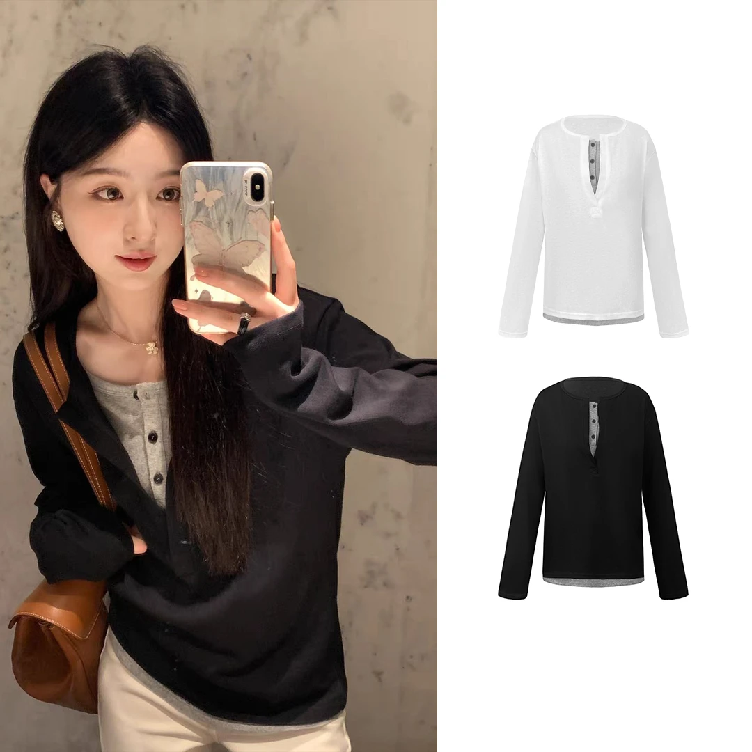 假两件撞色长袖T恤女秋宽松慵懒上衣Z 9136#