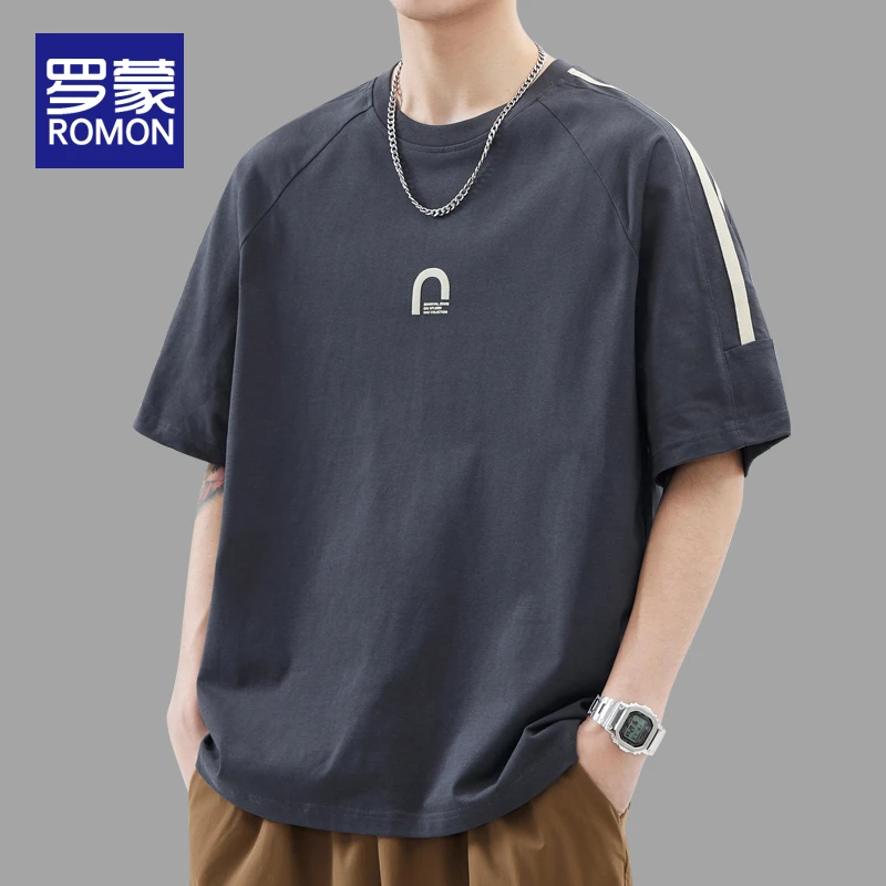 罗蒙夏天潮牌短袖t恤男款夏季薄款男士纯棉宽松休闲圆领上衣服男