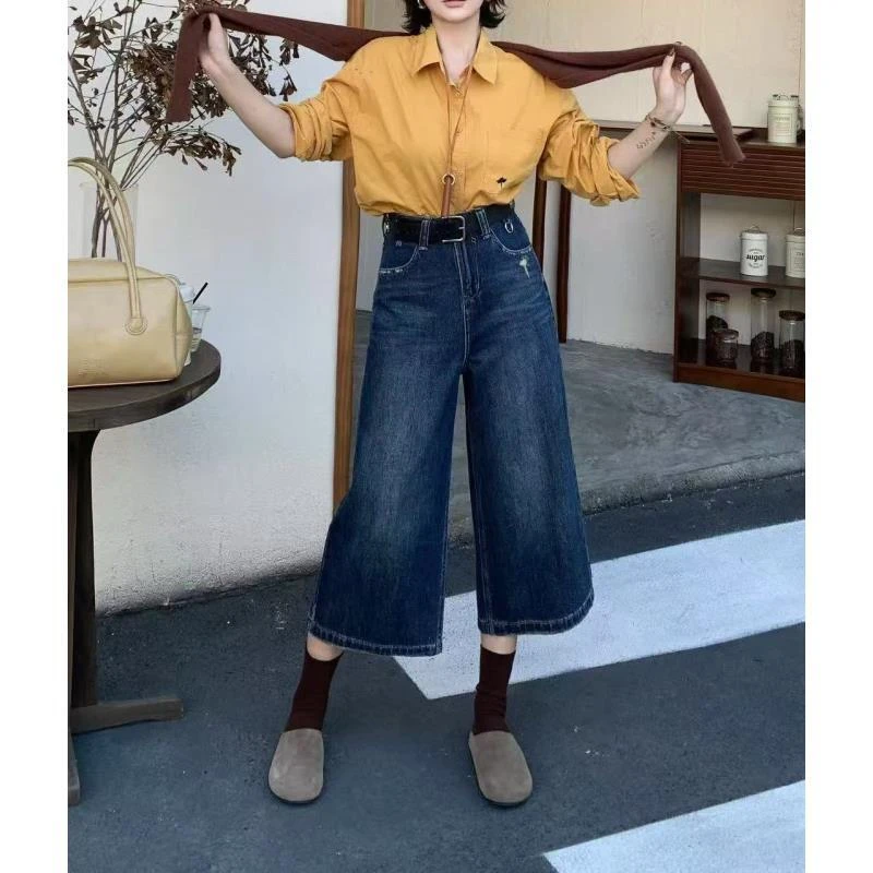 8805号6867#百搭休闲复古破洞设计显瘦七分牛仔裤（配腰带）（预）