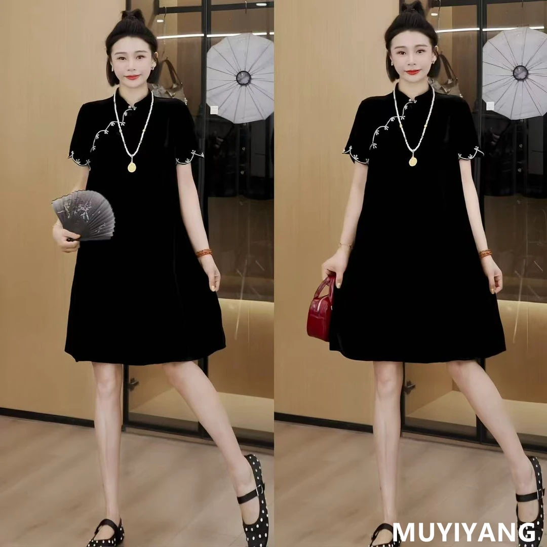 【炽热】设计感小众钉珠丝绒旗袍高定版连衣裙 裙长90 25-304#