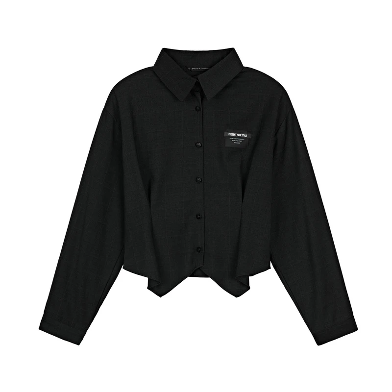 S·DEER圣迪奥底摆不规则设计修身版短款女士黑色衬衫S21380510