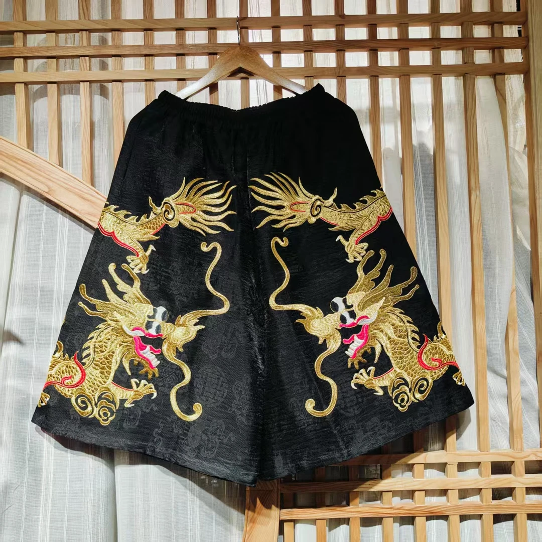 凤徕兮私人定制黑色福禄底双金龙刺绣全松紧加衬中长裤（HK25010）