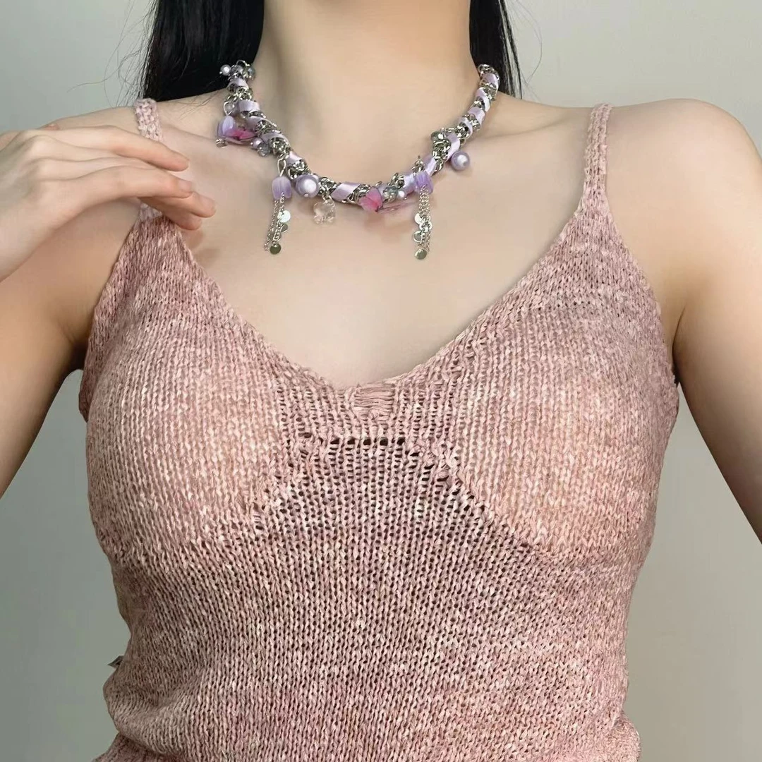 铜合金项链 颈链紫色蝴蝶锁骨链粉色小众复古原创辣妹链条高级感