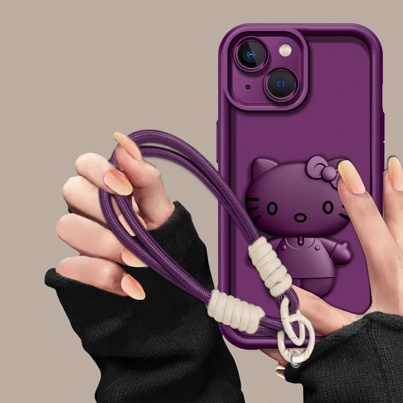 适用于【苹果15】金属漆梅子色优雅猫咪支架手机壳防摔创意网红女款