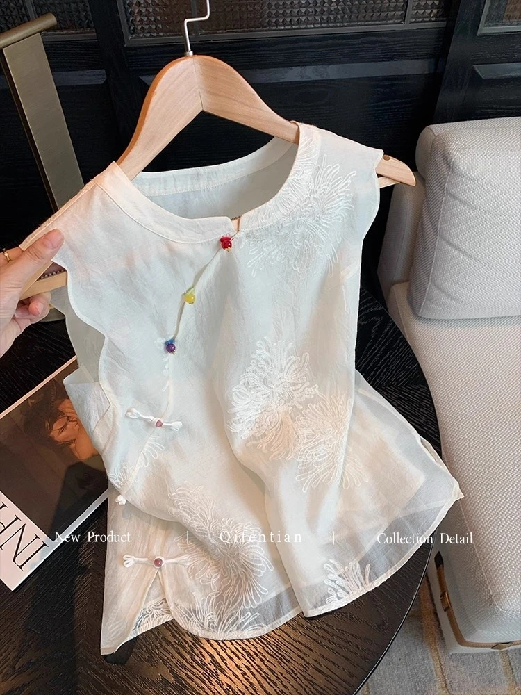 新中式刺绣斜襟盘扣无袖衬衫女2025夏高级感气质减龄百搭立领背心