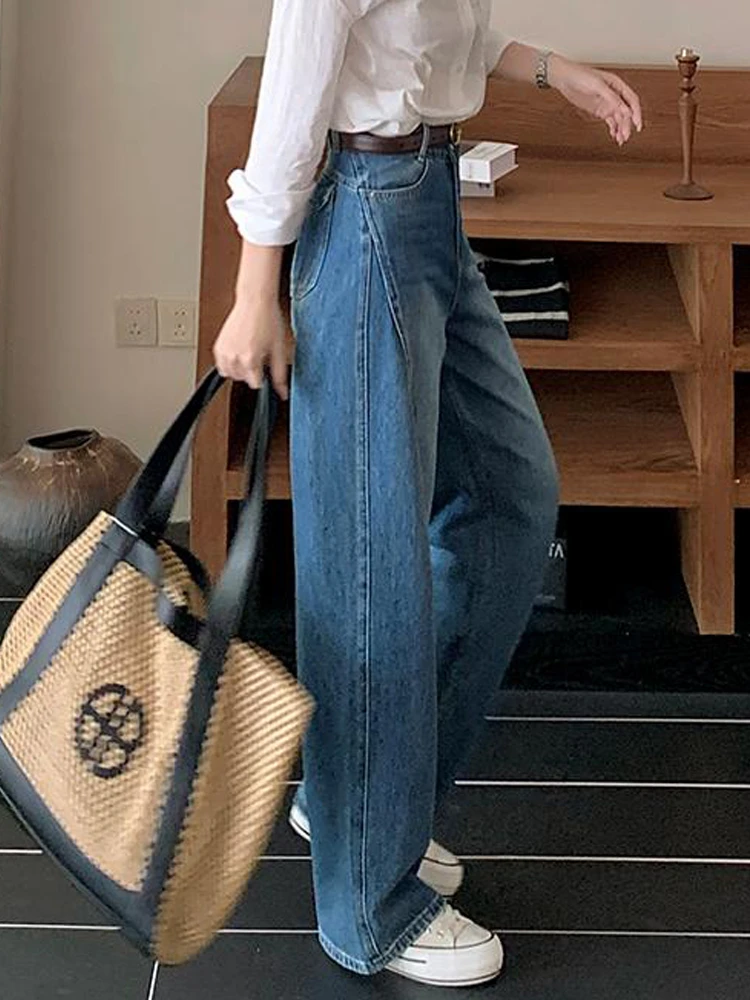 蓝色阔腿水洗牛仔裤女秋季新款大码高腰垂感宽松显瘦直筒裤休闲风