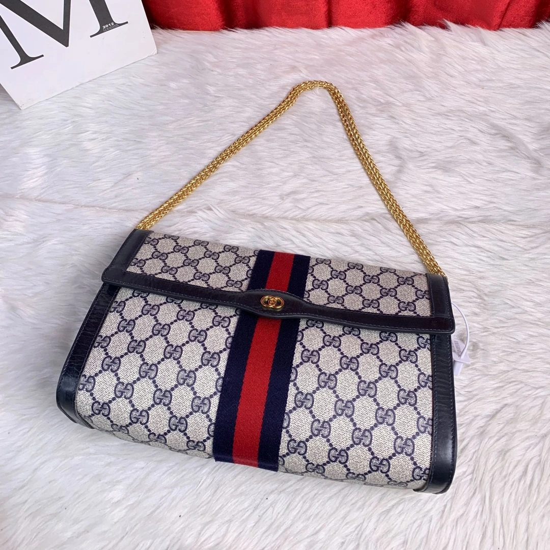 95新 GUCCI/古驰 蓝花金扣信封包/EE09613035/3035