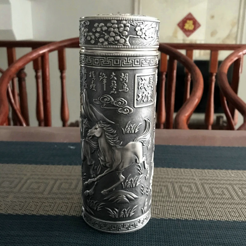 足银银制品 足银999马到成功款保温杯内外纯银复古手工泡茶杯隔热