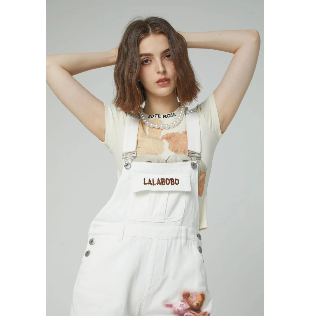 LALABOBO复古休闲立体熊图案背带牛仔短裤|LBDB-WLZT11