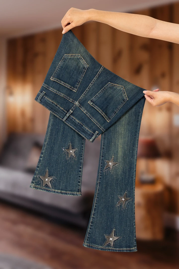 2025时尚早秋新款欧款烫钻弹力高腰修身显瘦微喇叭女士牛仔裤女