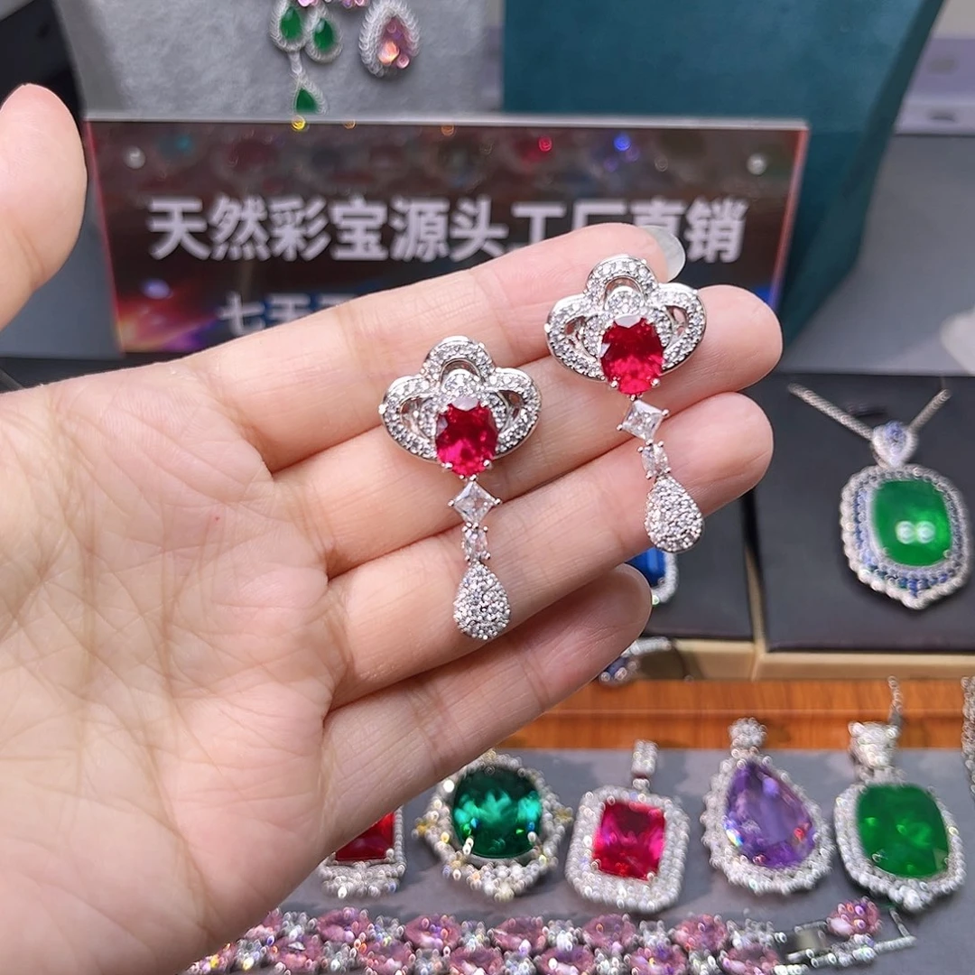 银S925镶嵌耳饰红宝石t z 77