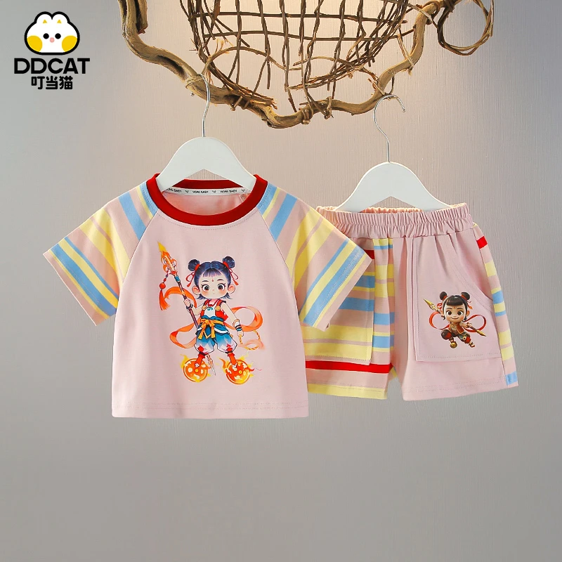 叮当猫女童夏季套装儿童卡通薄款洋气夏装小童女宝宝短裤两件套潮