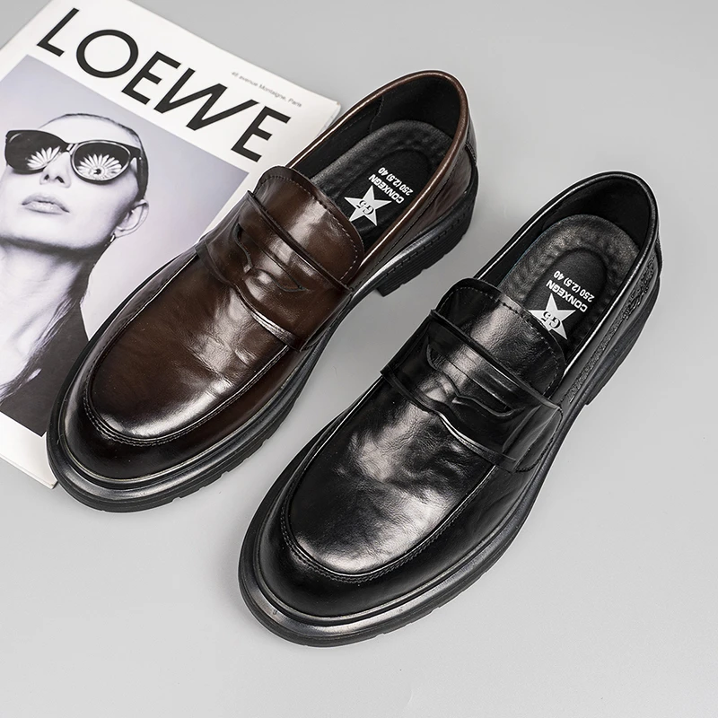 春季牛皮男士休闲皮鞋真皮透气商务英伦风软底一脚蹬乐福鞋85695