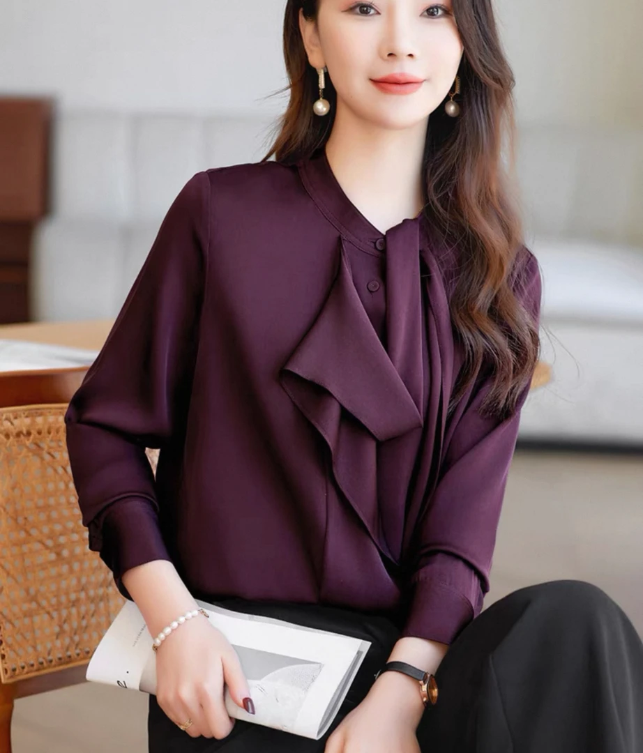 2025明星同款26姆咪双桥段质显职场风搭时尚缎面桑蚕丝长袖衬衫