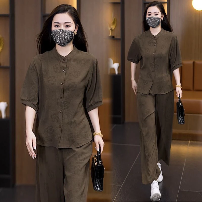 夏季休闲复古衬衫阔腿裤套装2025新款大码女装洋气减龄时尚两件套
