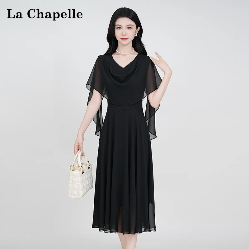 【拉夏贝尔】夏季设计感显瘦松紧腰蝙蝠袖短袖连衣裙收腰气质裙子女