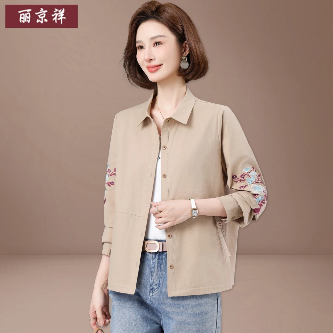 中年妈妈夏装时尚衬衫薄款洋气中老年女春秋外套刺绣上衣气质休闲