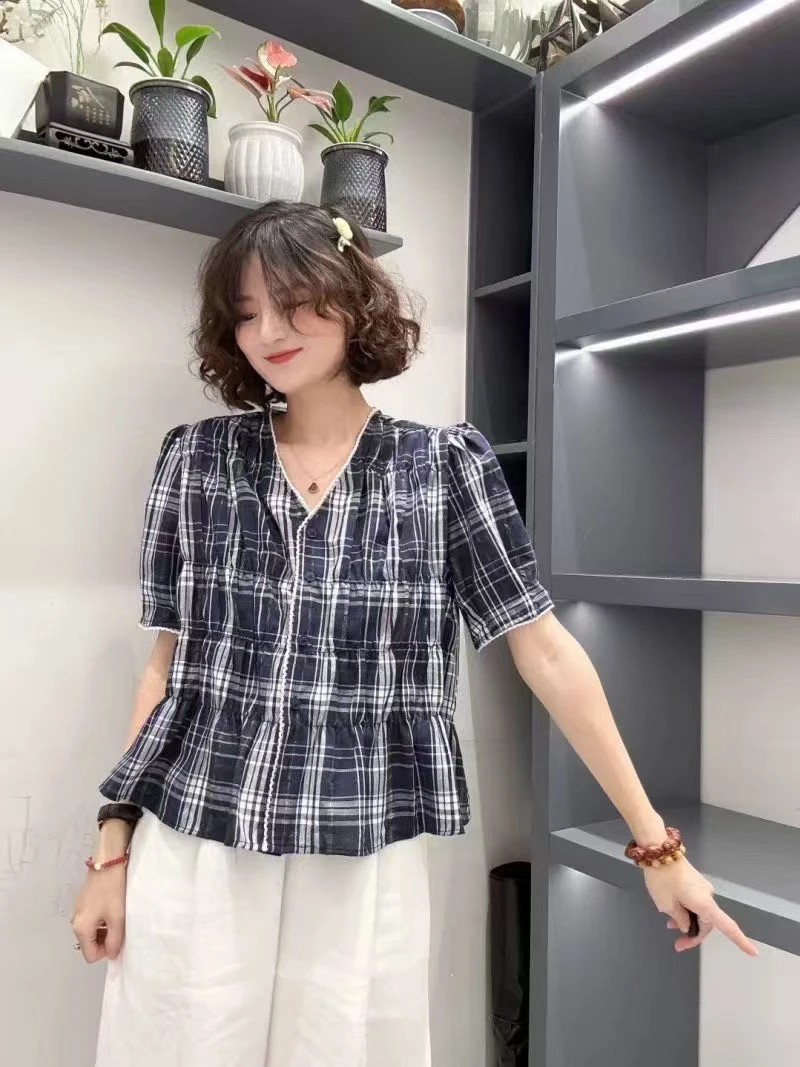 韩版棉麻格子款收腰V领衬衫