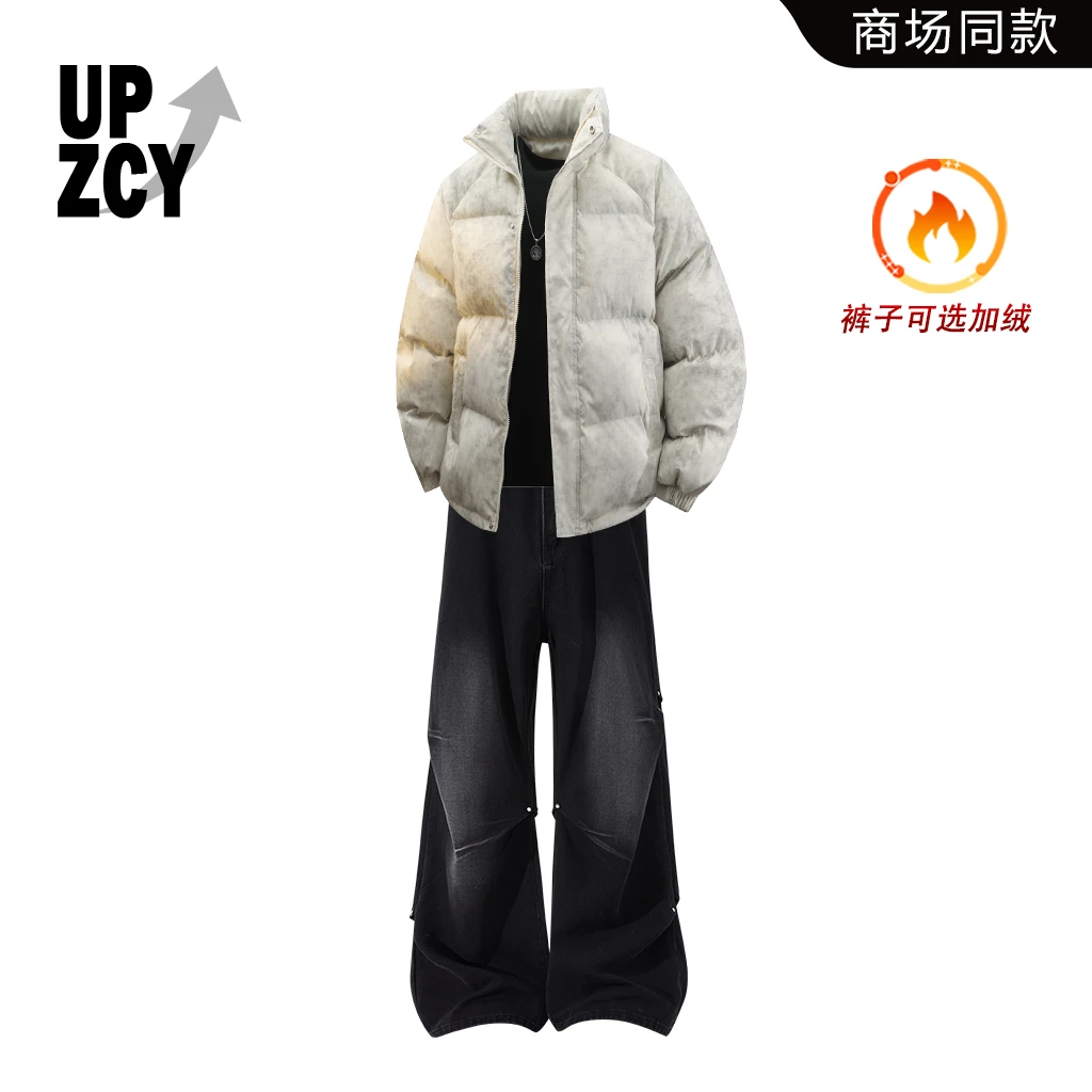 UPZCY美式潮流棉服套装冬季男士新款加绒保暖水洗做旧铆钉牛仔裤