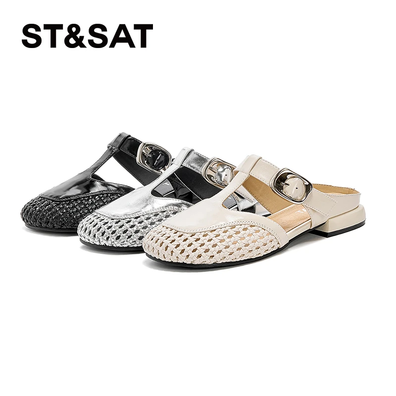 星期六女士夏季潮流时尚舒适百搭编织镂空透气圆头粗跟包头半拖鞋