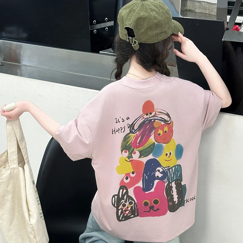 女童短袖T恤夏装2025新款潮流儿童女孩半袖上衣中大童印花打底衫