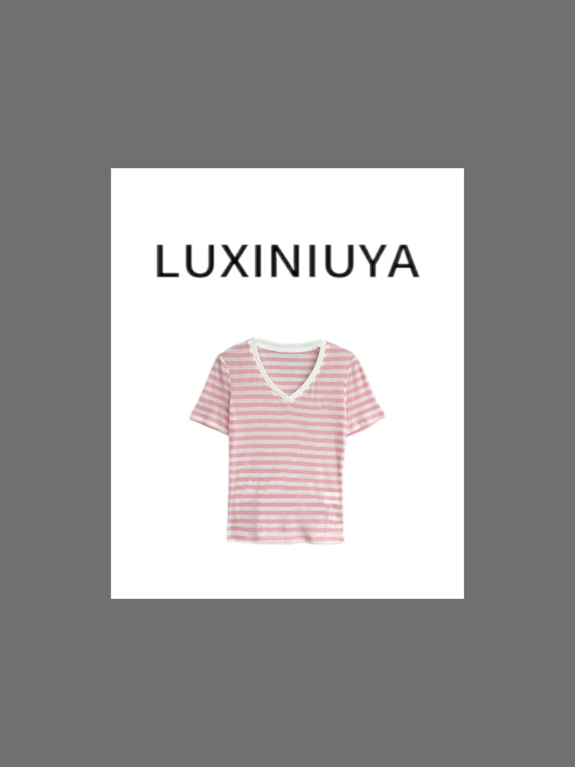 【LUXINIUYA】夏季新款精致V领条纹设计刺绣短袖百搭T恤#CX3267