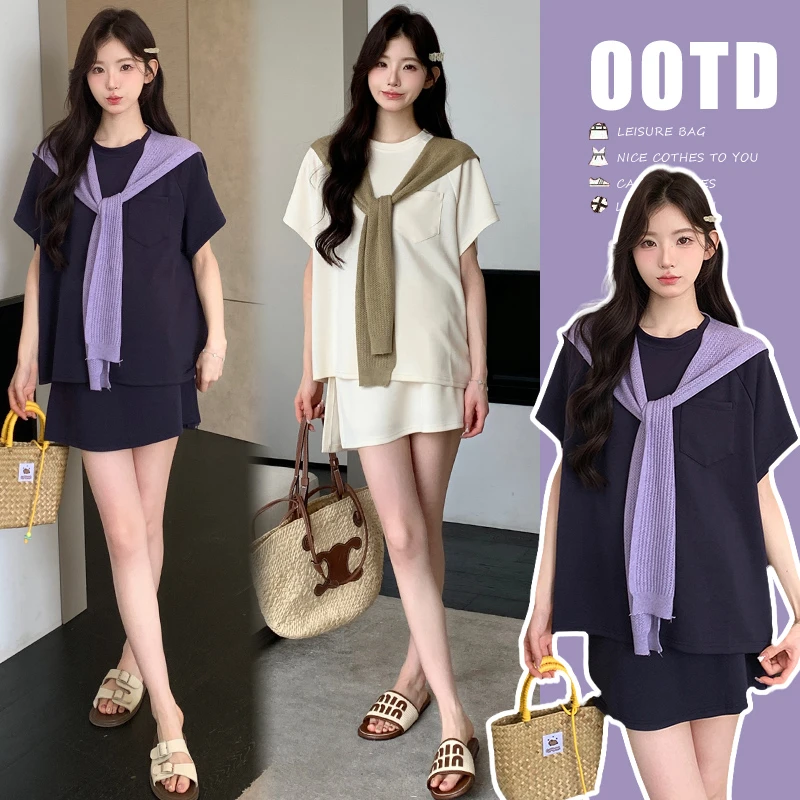 时尚孕妇夏季新款韩系减龄运动套装短袖T恤+防走光裤裙潮妈套装