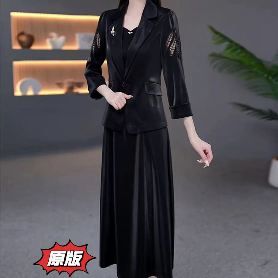 高档珍珠缎时尚连衣裙西装两件套2025秋季新款显瘦洋气减龄套裙装