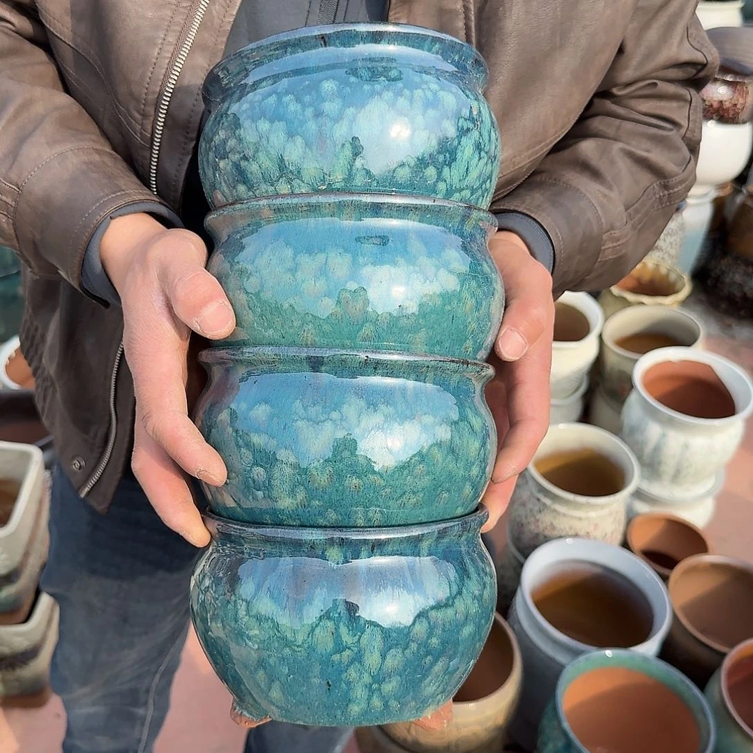 紫砂花盆口16高11（四个拼雪花绿