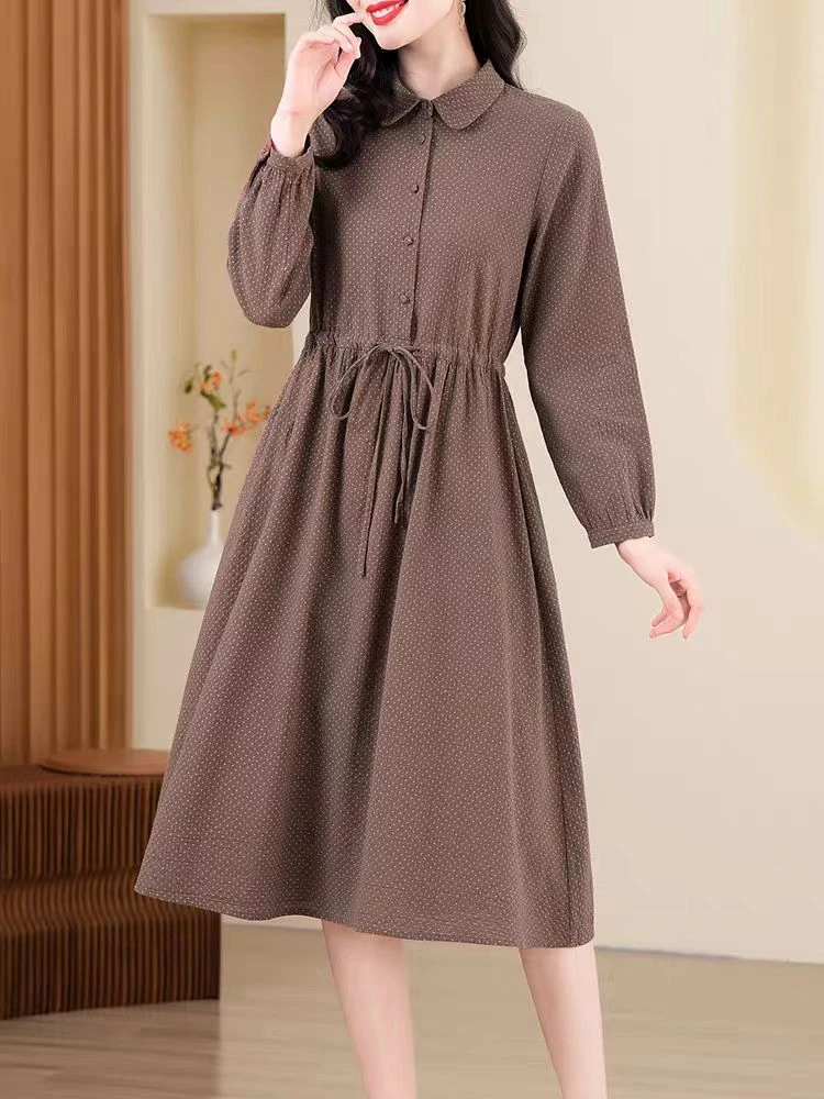 纯棉秋冬气质连衣裙女中长款收腰显瘦休闲时尚遮肚A字裙子691