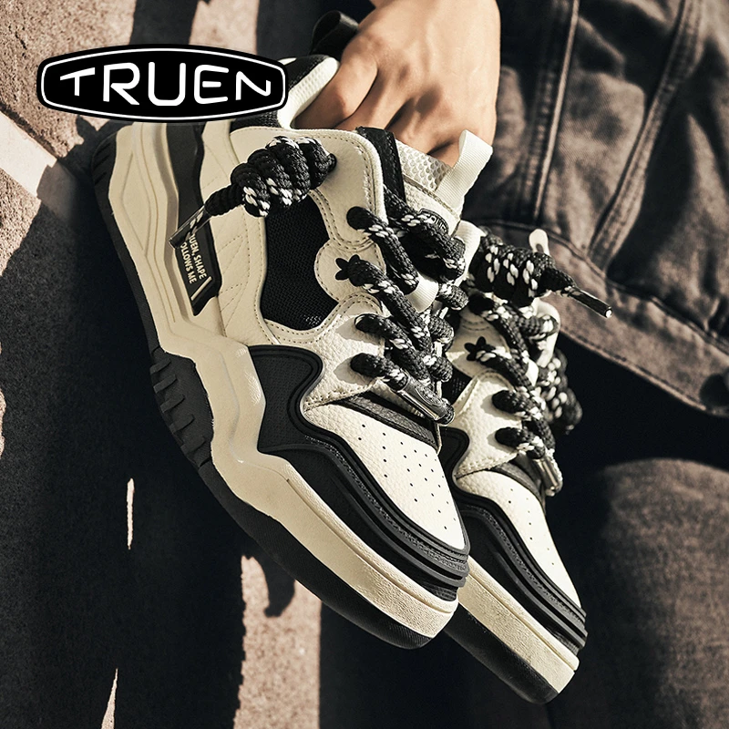 真恩板鞋男春秋新款黑白低帮经典厚底百搭高街休闲潮牌运动男鞋