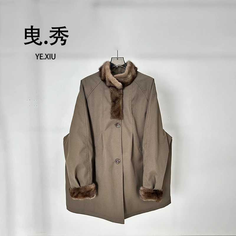 2025冬季新款鹅绒服拼接设计款水貂领拼接时尚百搭洋气宽松外套潮