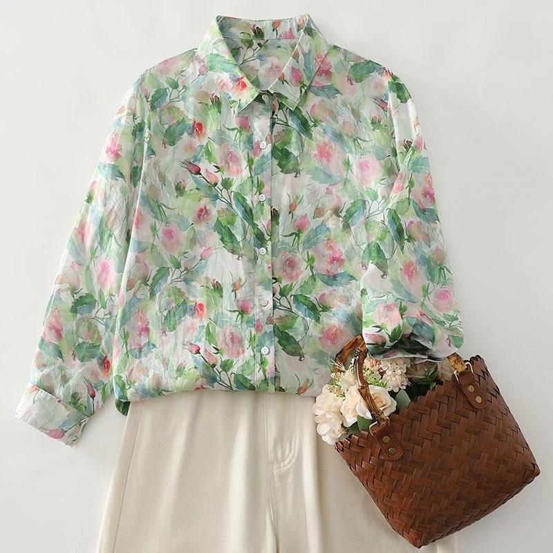 树叶印花衬衫法式小众百搭薄款碎花女夏