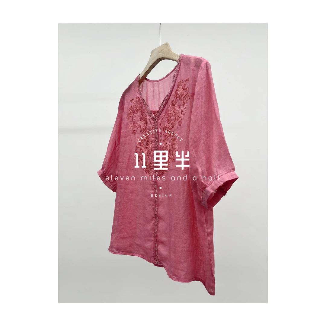 11里半&如懿【海棠】粉色气质休闲宽松简约显瘦短袖衬衫24391287