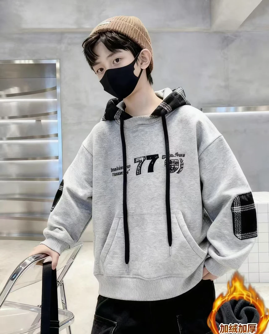 （加绒加厚）帽衫卫衣贴布绣中大童男童卫衣儿童春秋洋气休闲男孩