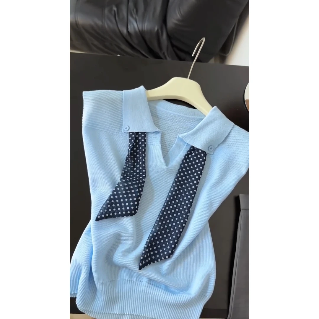 夏日ootd穿搭时尚丝巾翻领小飞袖t恤女夏薄款轻奢高级感气质上衣