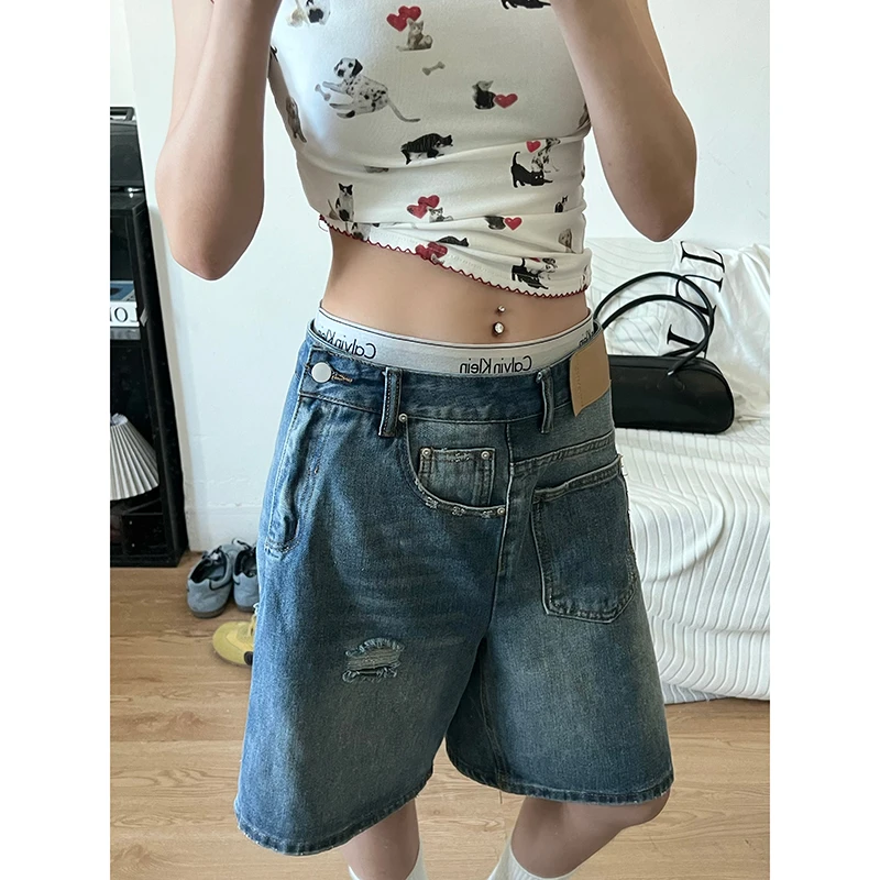 重工旋转工装破洞五分牛仔裤女夏季美式宽松直筒5分侧边拉链中裤