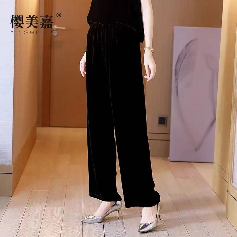 高腰松紧腰阔腿裤新款时尚妈妈装百搭时尚女装裤子纯色直筒裤