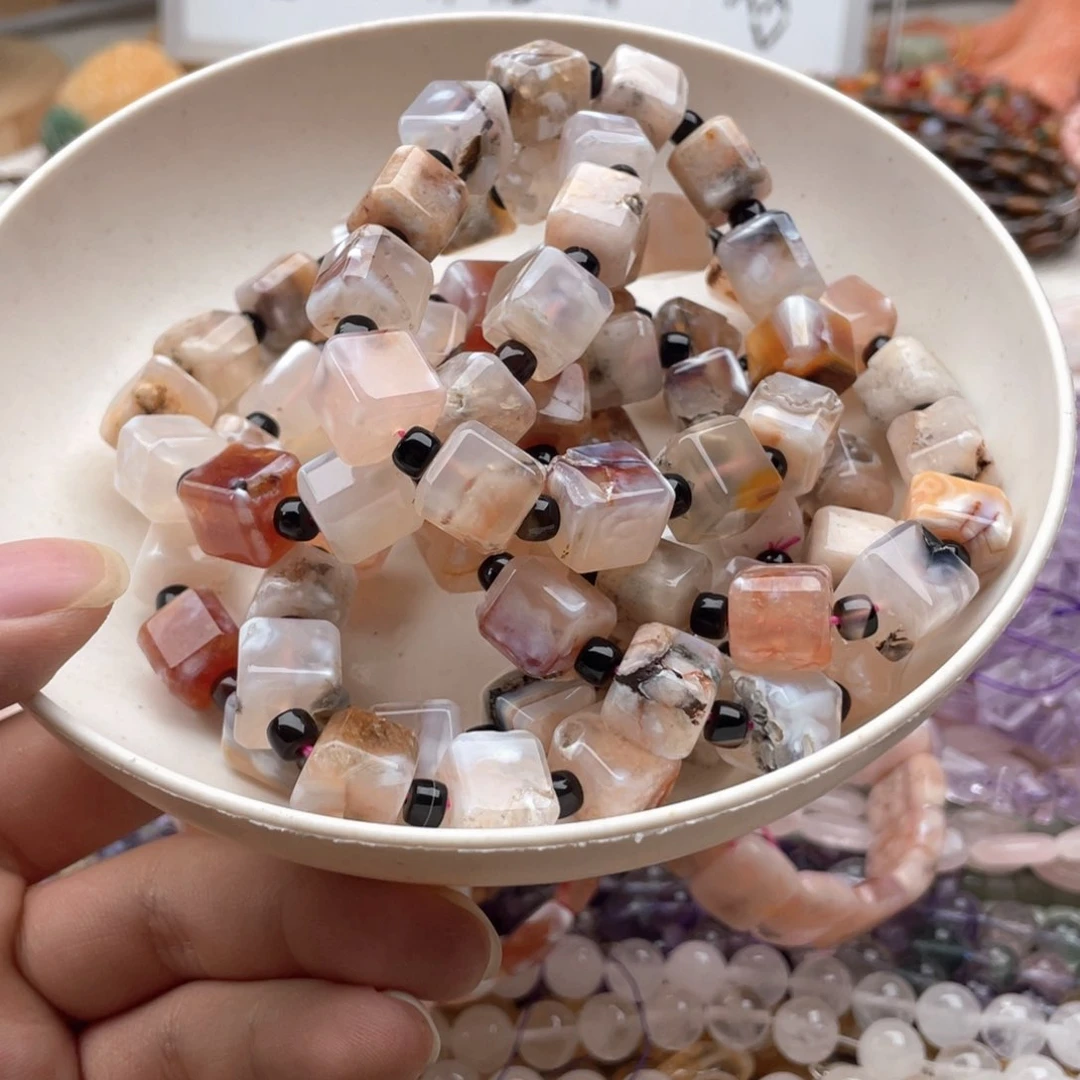 玛瑙/玉髓未镶嵌珠宝半成品一条装樱花玛瑙方糖手串卡11有瑕