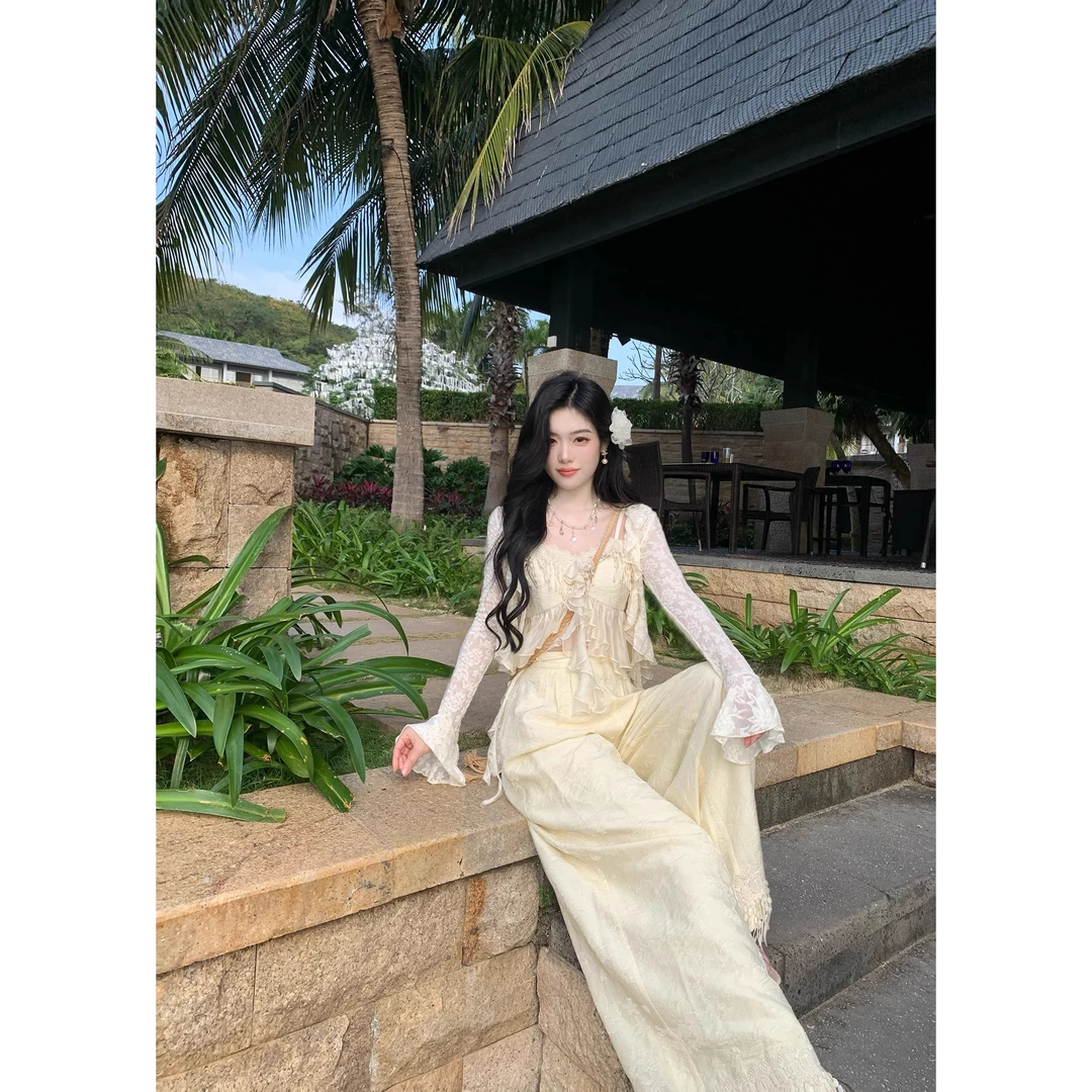 木耳花边蕾丝开衫春夏绣花流苏V领防晒多层纱上衣+阔腿裤三件套装