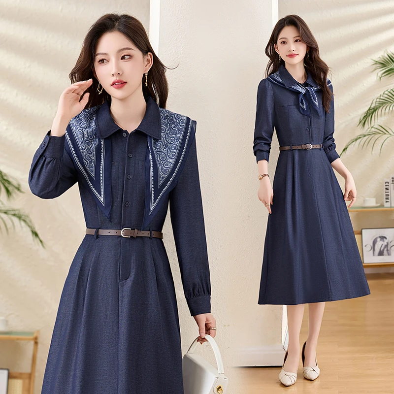 韩系气质翻领衬衫连衣裙女2025年春秋新款系带收腰显瘦中长款裙子