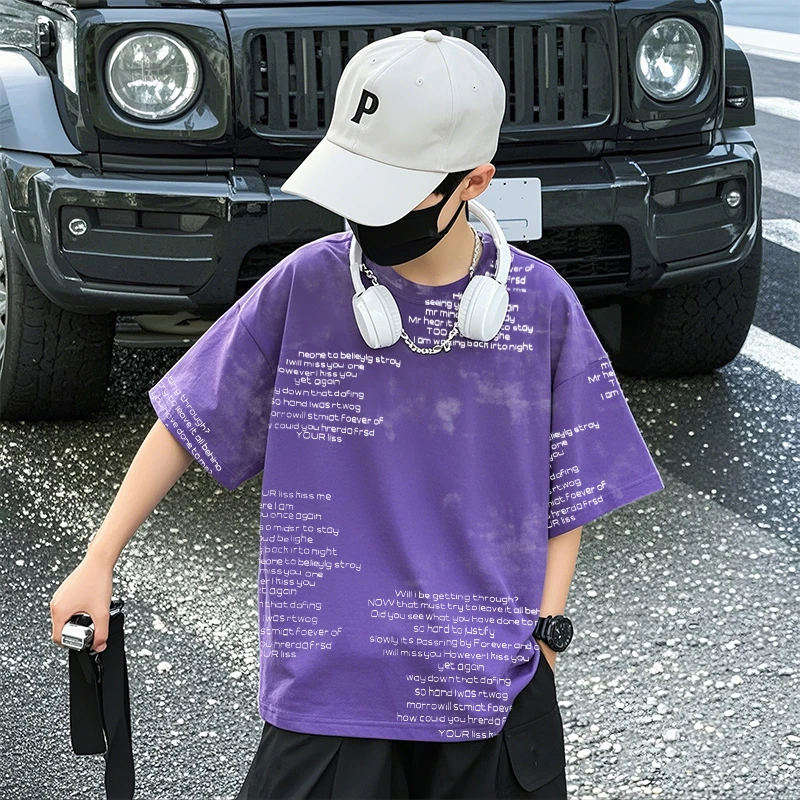 T恤男童2025新款字母极简风港风潮流帅气男印花夏季宽松男装短袖