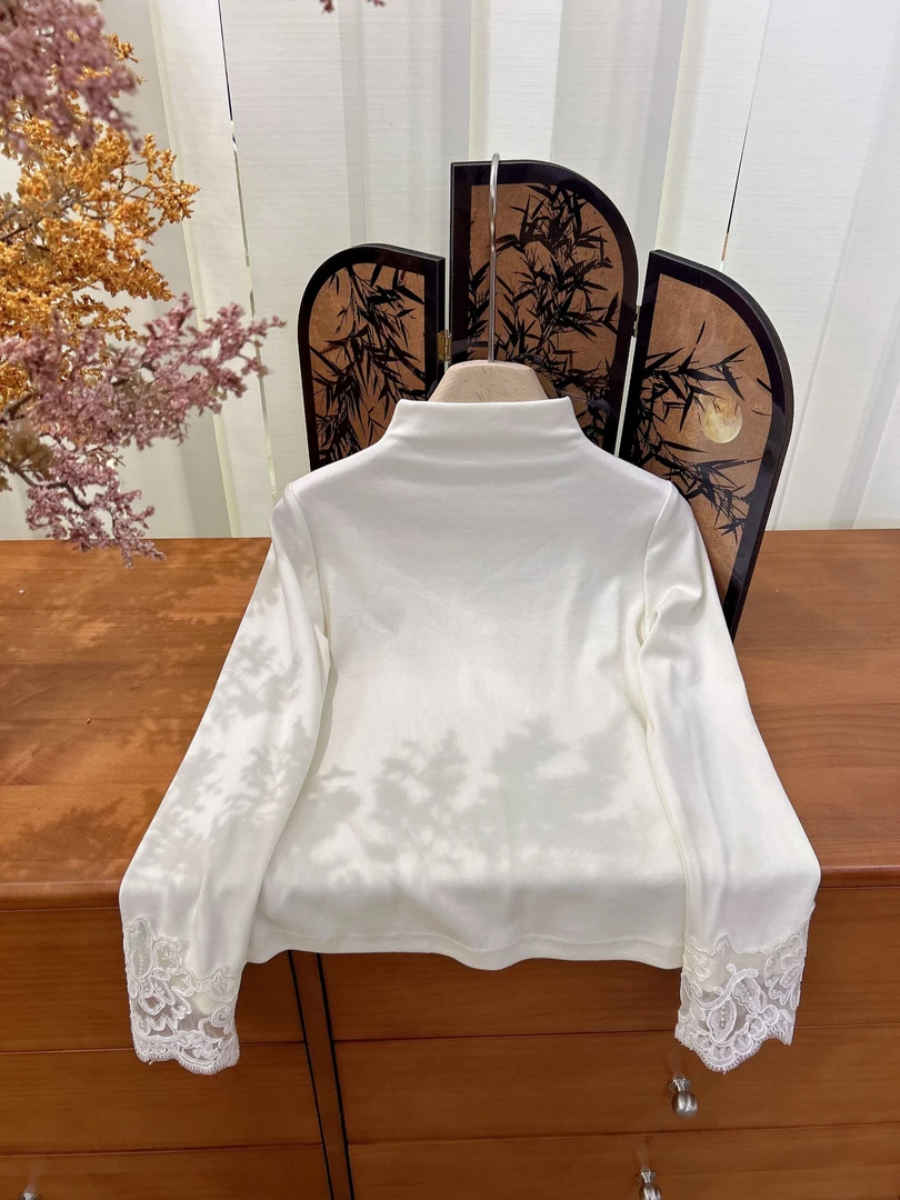 2025冬季新款女童蕾丝拼接打底衫设计师款高领长袖新中式国风小衫