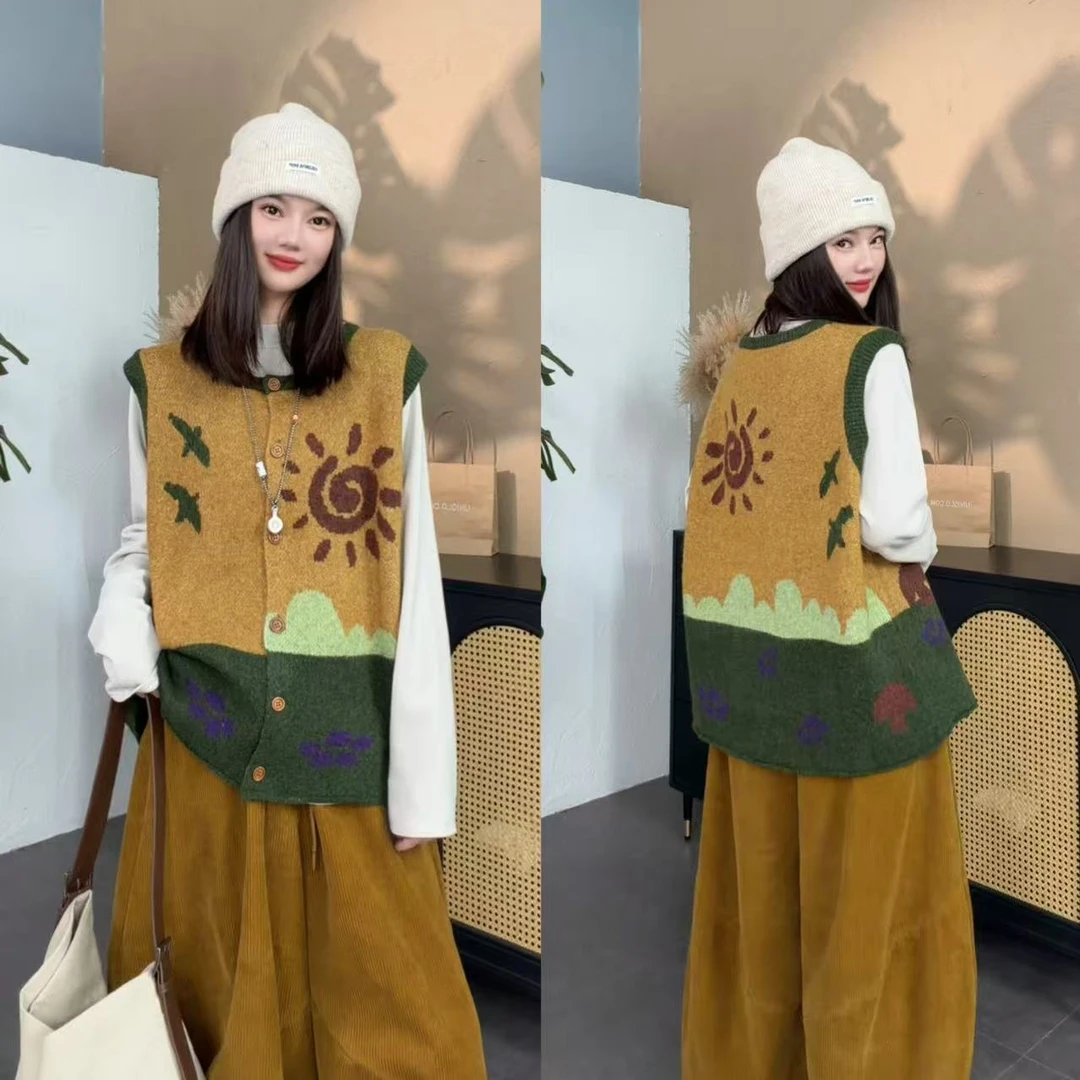 【SI MO】2573港风复古双面色织卡通太阳软糯百搭毛衣马甲