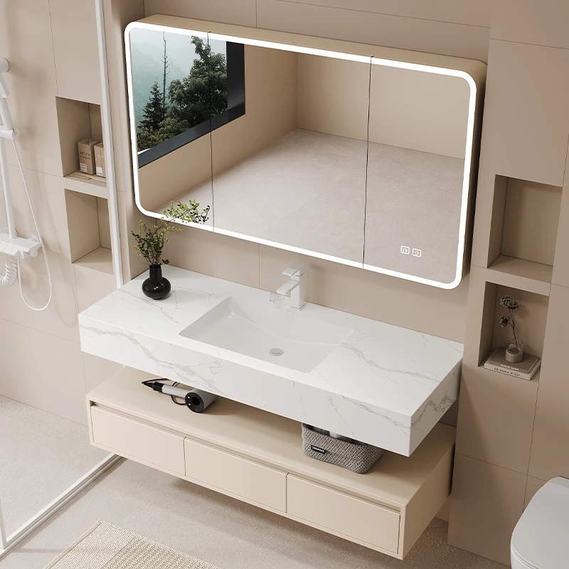 泽钊2025新款奶油风酒店风岩板无缝拼接陶瓷盆卫生间浴室柜组合