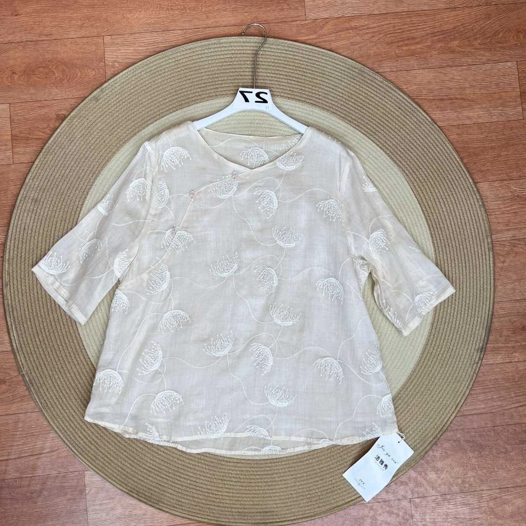 [027拍这里]复古国风刺绣印花苎麻小衫女2025夏新款上衣女休闲风