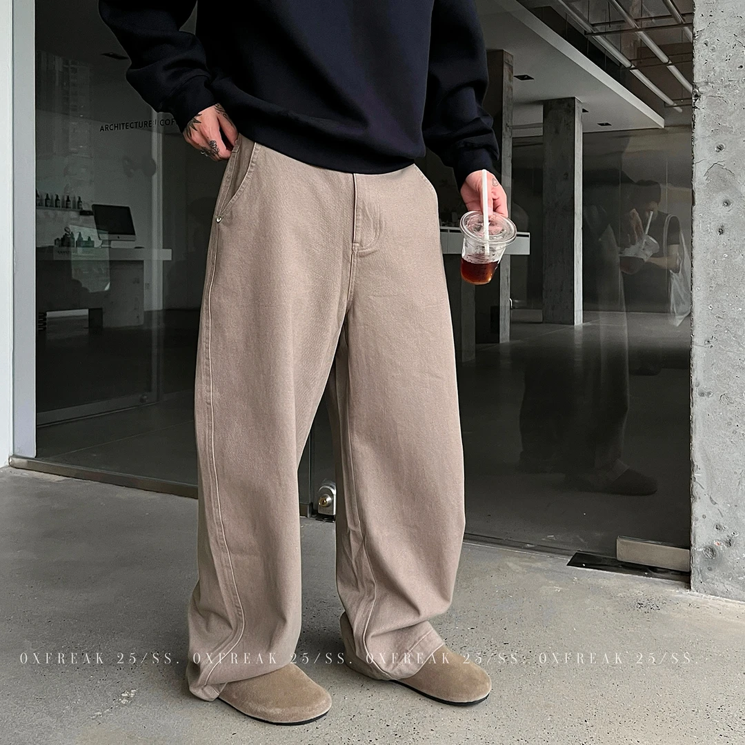 OXFREAK「基础款 cleanfit」水洗全棉卡其色牛仔裤男直筒宽松裤子