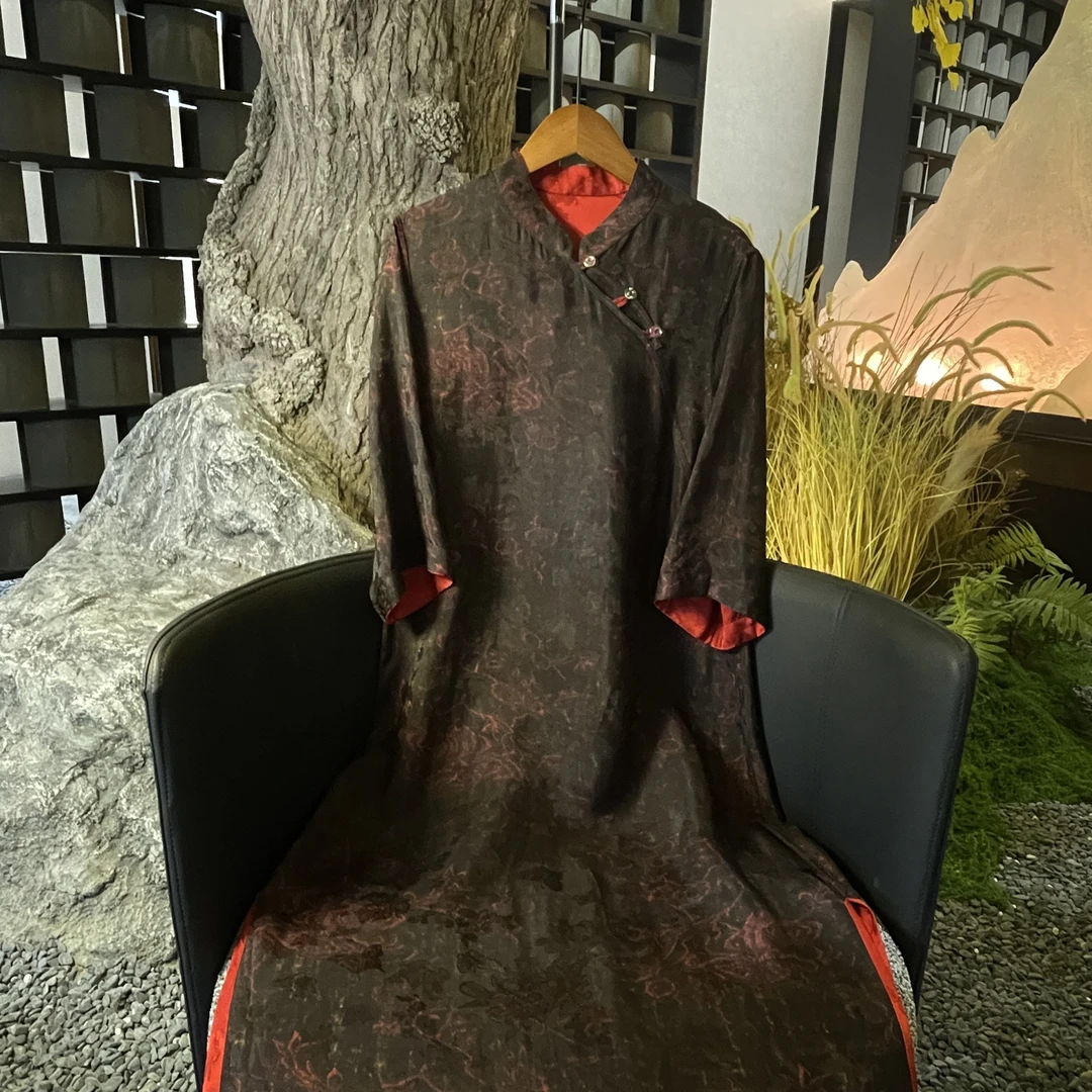 【湘妃】春季双面双穿新中式连身裙子女装国风人丝立领七分袖连衣裙